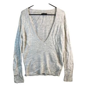 Express Womens Sweater Gray Metallic Thin Deep V Neck Merino Wool Blend Large